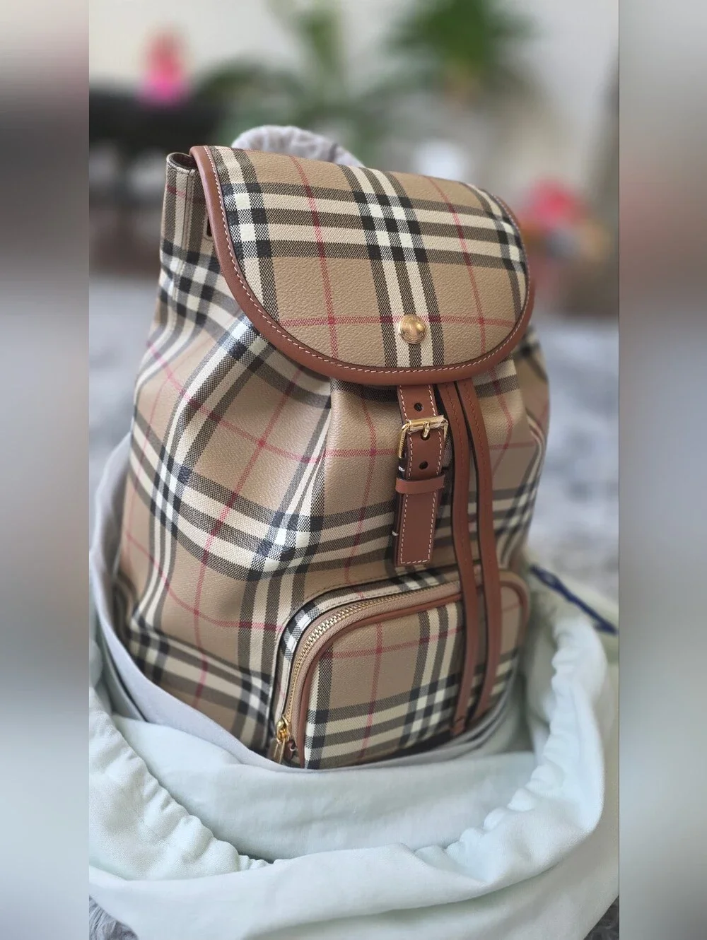 Burberry Check Drawstring Coated Cotton Medium Backpack Vintage Briar Brown NWT